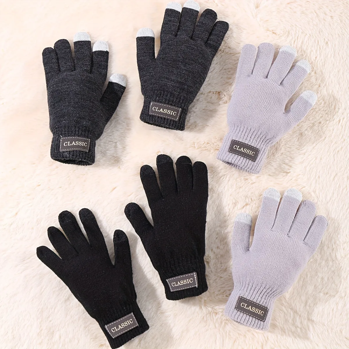 3pairs Simple Monochrome Knit Gloves Set Basic Short Warm Touchscreen Gloves Autumn Winter Unisex Coldproof Elastic Gloves