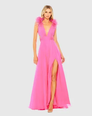 A-Line V Neck Feathered Collar Gown