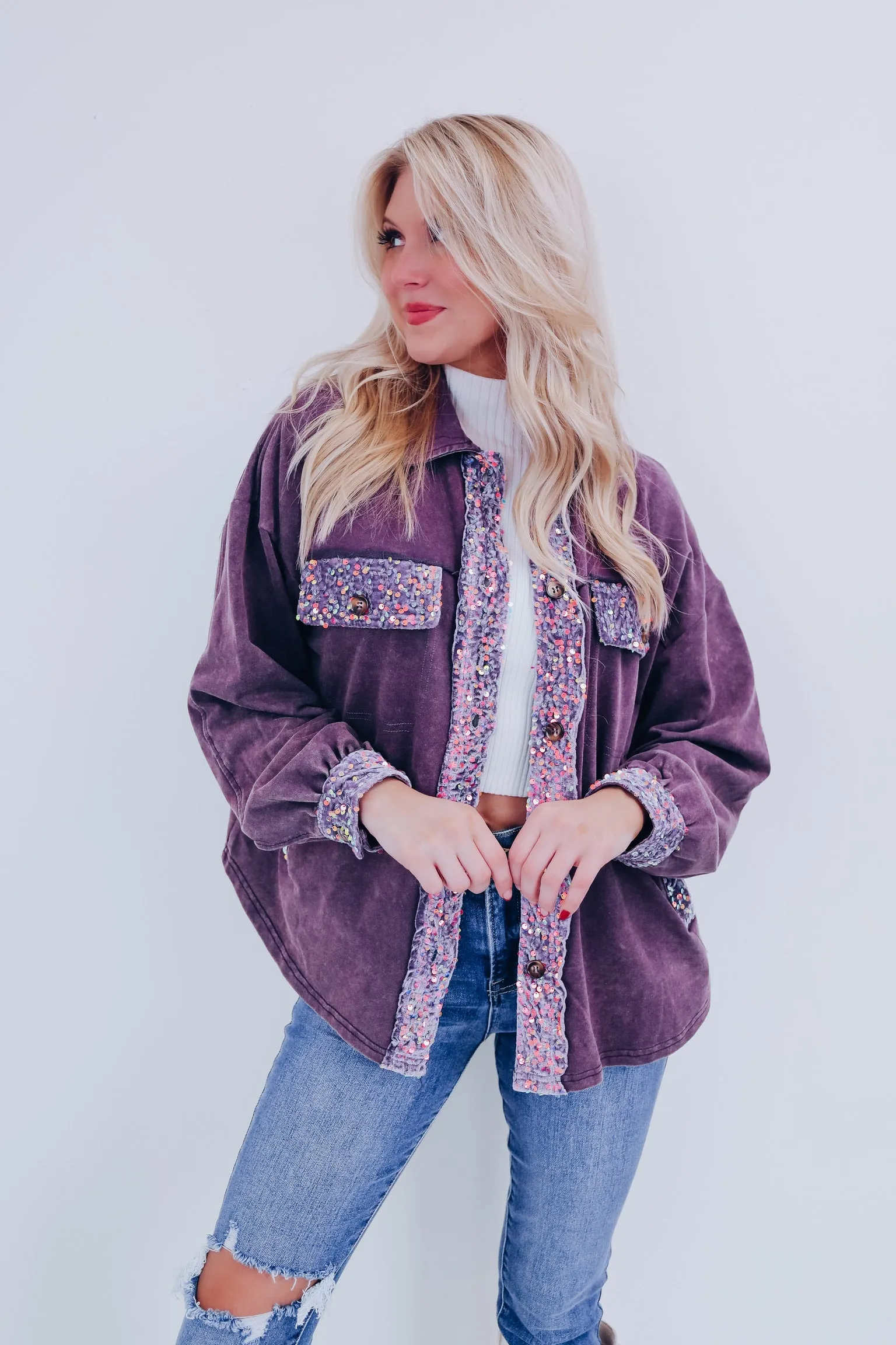 A Touch Of Bling Cozy Shacket - Plum