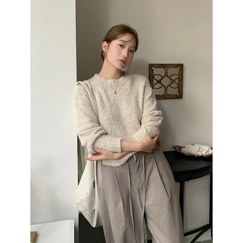 Amozae birkenstock clogs outfit fall round Neck Pullover Women's 2024 Autumn and Winter New Korean Style Simple Lazy Style Knitted Top M9203