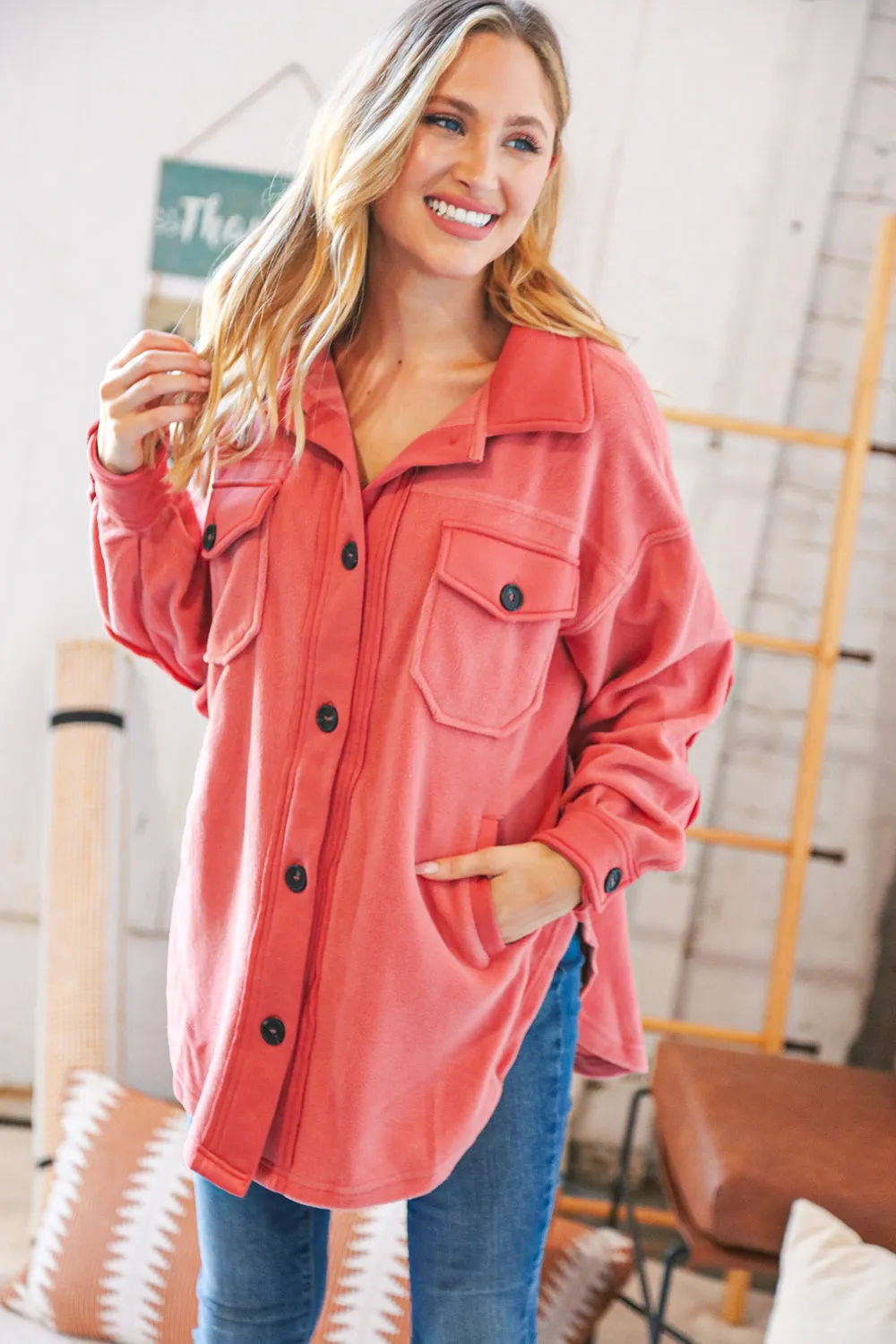 Ash Rose Fleece Flap Button Elbow Patch Pocketed Shacket