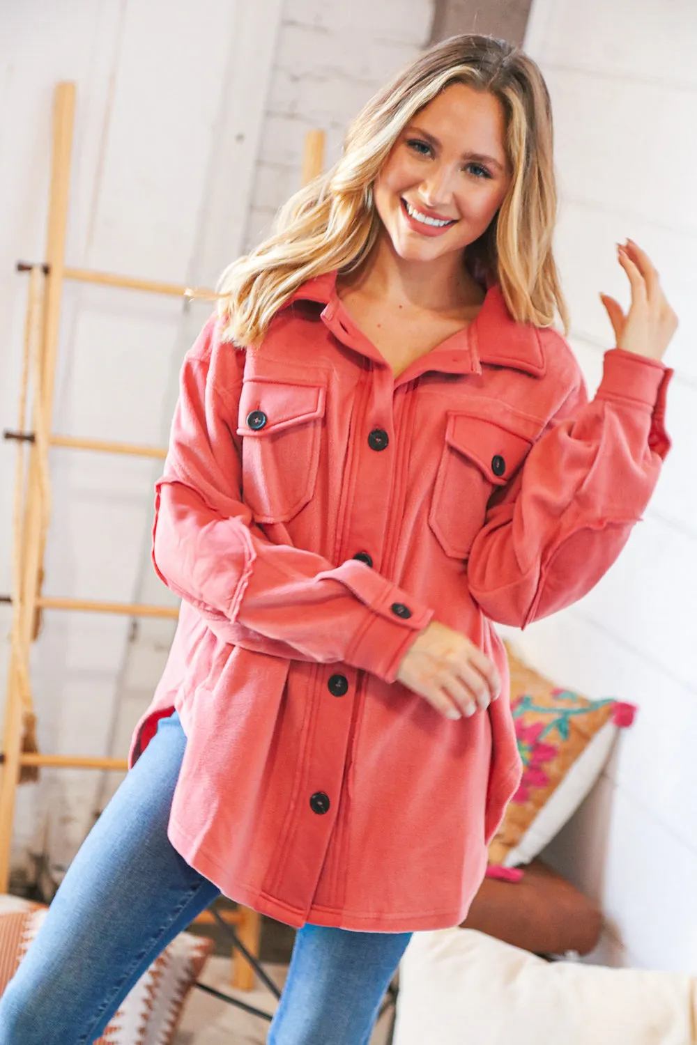 Ash Rose Fleece Flap Button Elbow Patch Pocketed Shacket