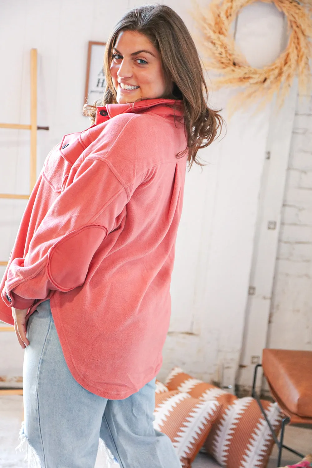 Ash Rose Fleece Flap Button Elbow Patch Pocketed Shacket