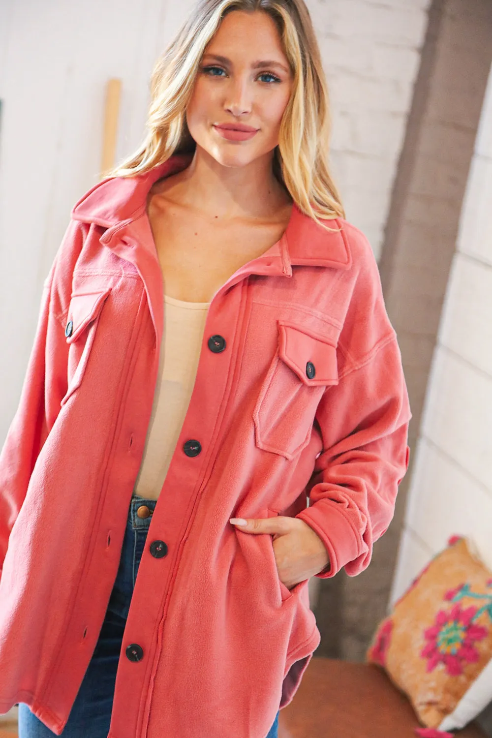 Ash Rose Fleece Flap Button Elbow Patch Pocketed Shacket