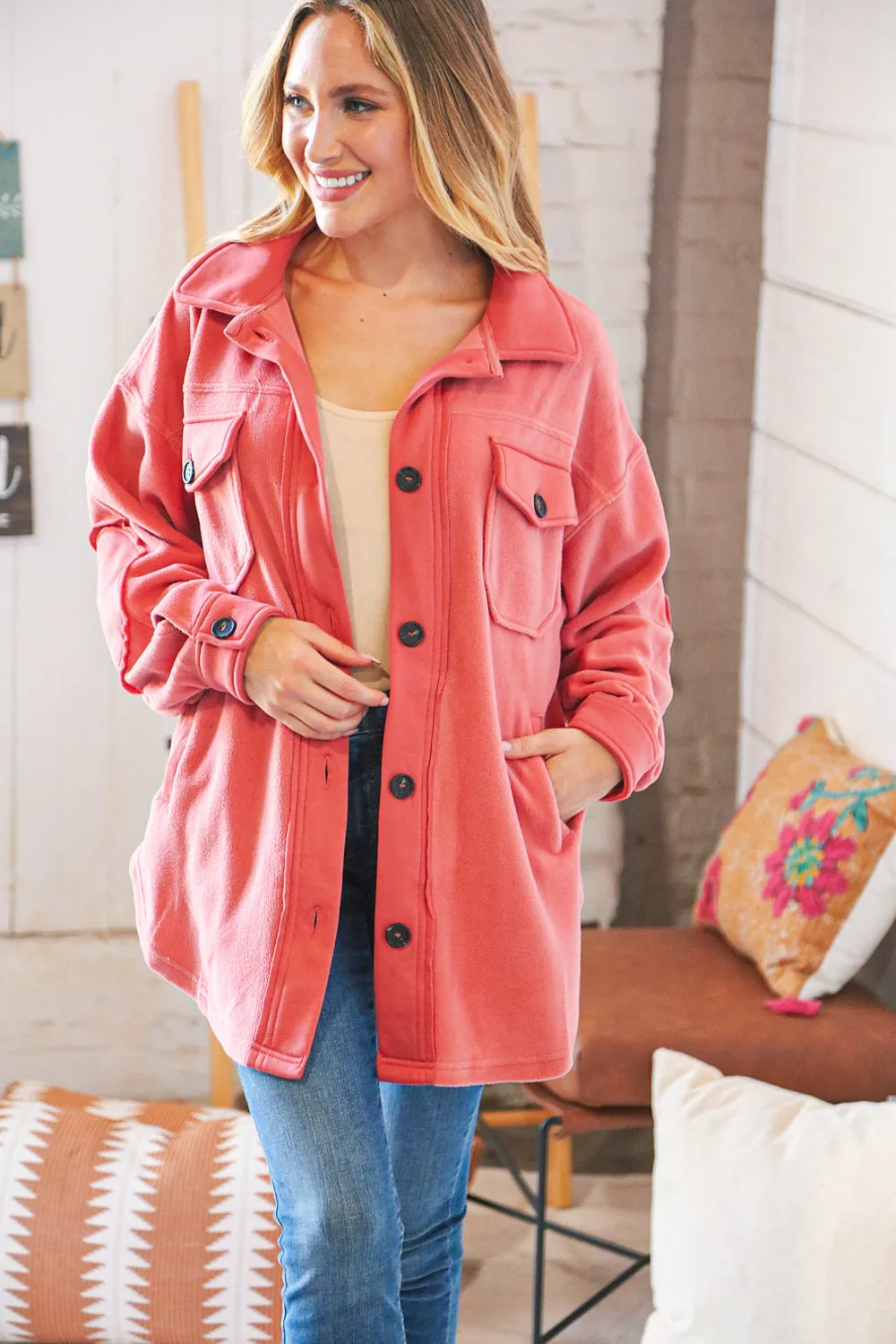 Ash Rose Fleece Flap Button Elbow Patch Pocketed Shacket