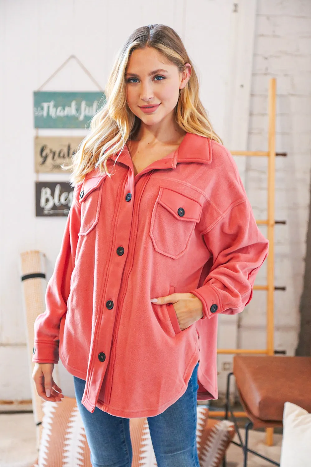 Ash Rose Fleece Flap Button Elbow Patch Pocketed Shacket