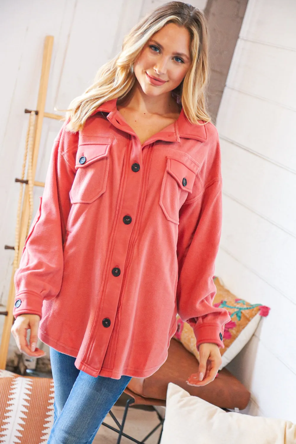 Ash Rose Fleece Flap Button Elbow Patch Pocketed Shacket