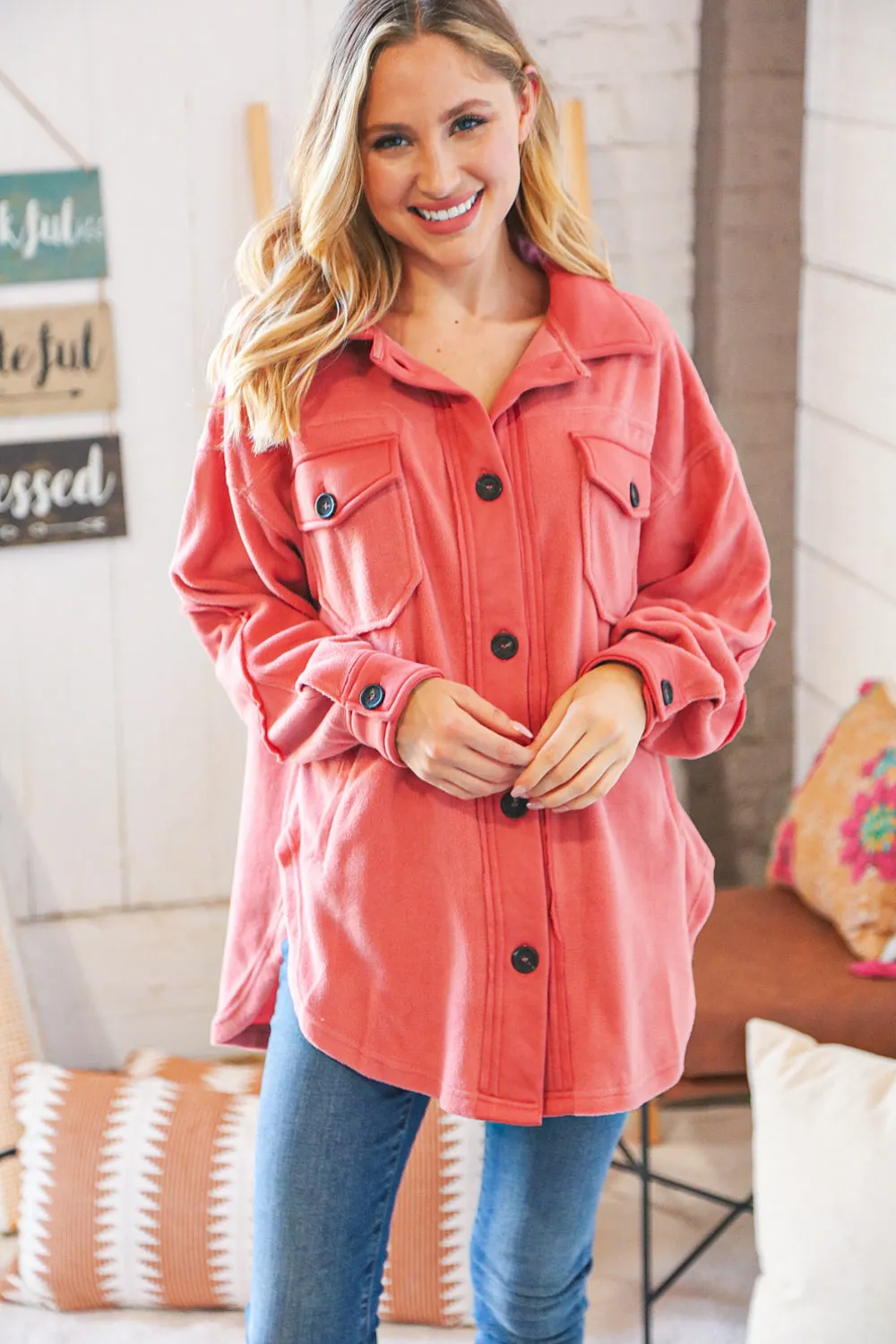 Ash Rose Fleece Flap Button Elbow Patch Pocketed Shacket