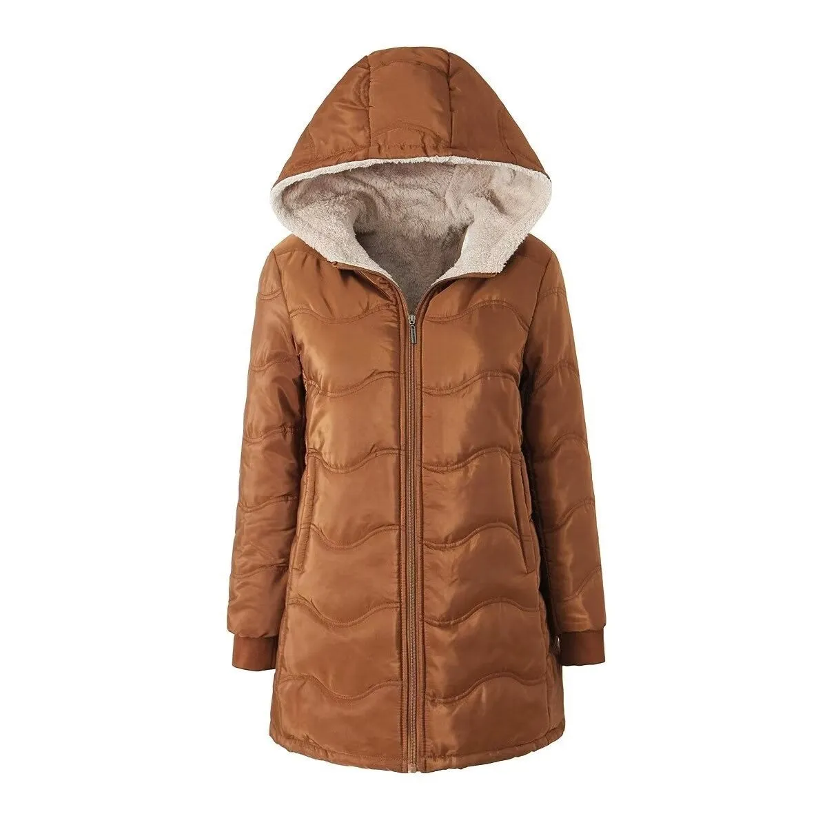 Autumn and winter new European and American geometric wave hooded medium and long loose velvet warm cotton-padded clothes imitation lamb wool women's cotton-padded jacket