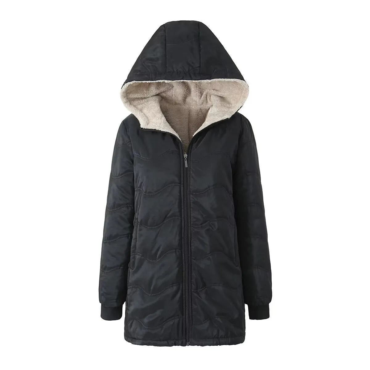 Autumn and winter new European and American geometric wave hooded medium and long loose velvet warm cotton-padded clothes imitation lamb wool women's cotton-padded jacket