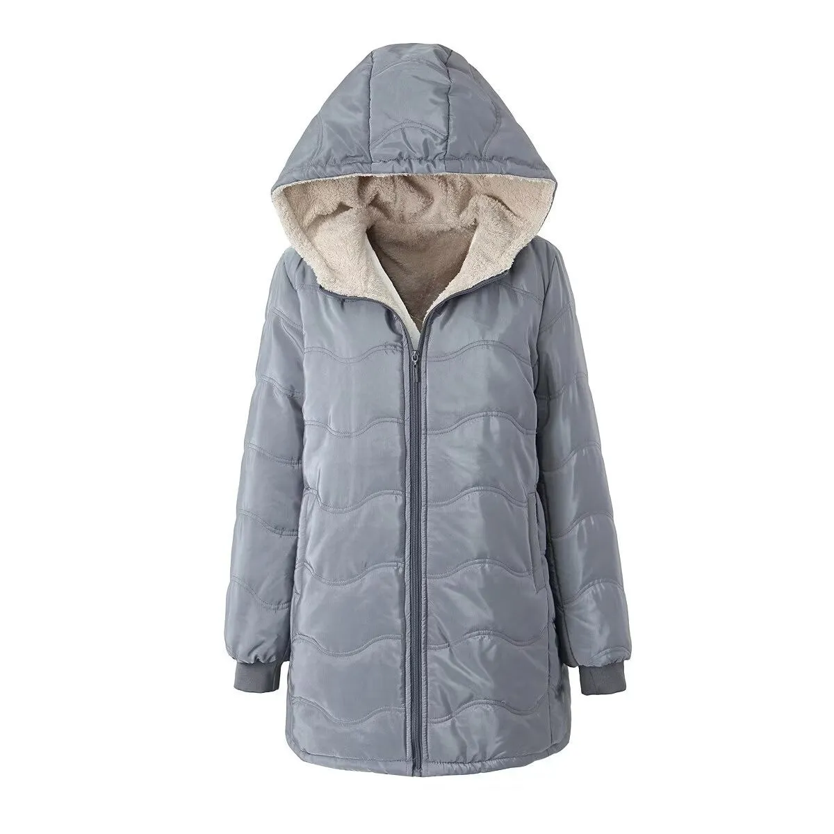 Autumn and winter new European and American geometric wave hooded medium and long loose velvet warm cotton-padded clothes imitation lamb wool women's cotton-padded jacket