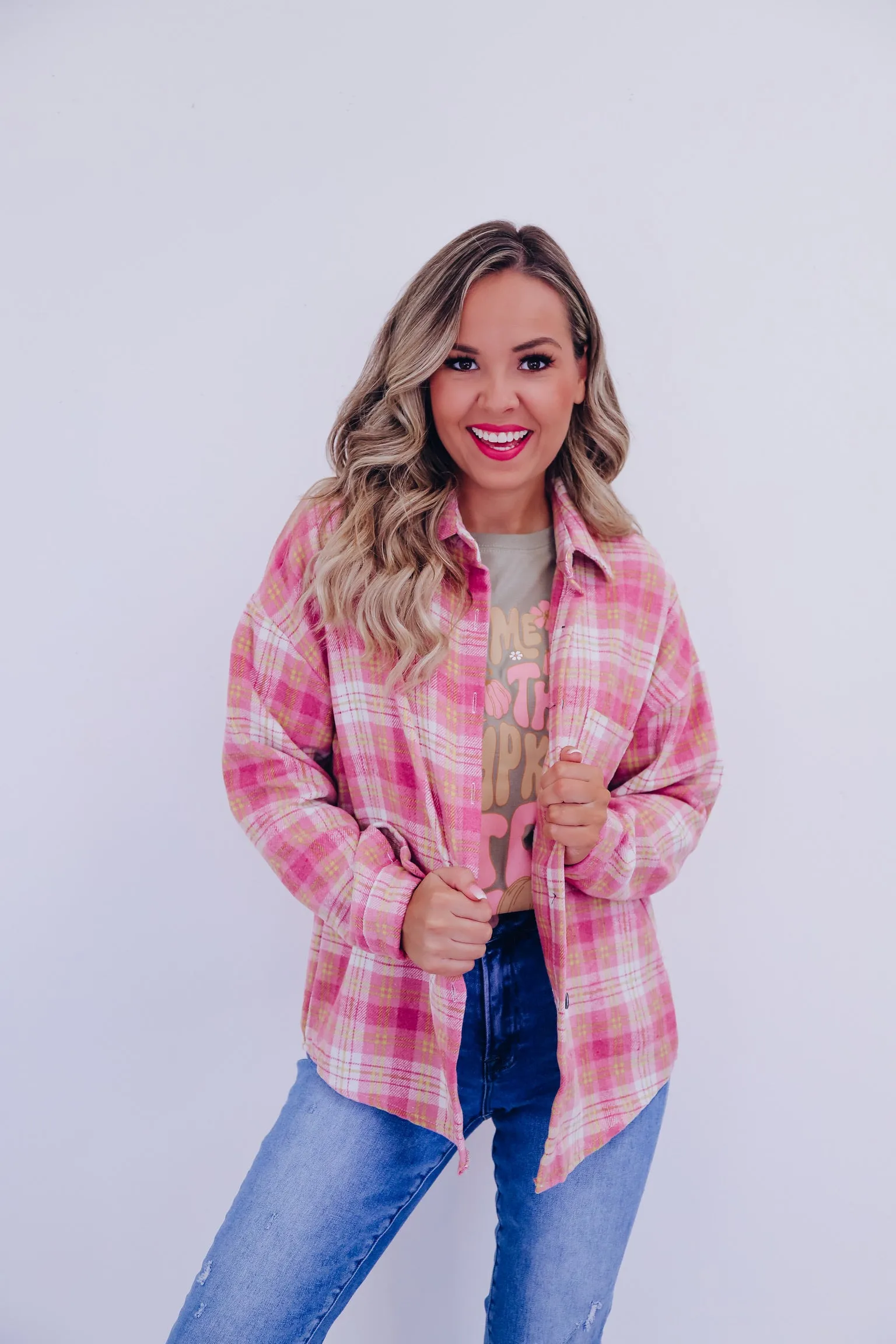 Autumn Flannel Button Up Shacket-Pink