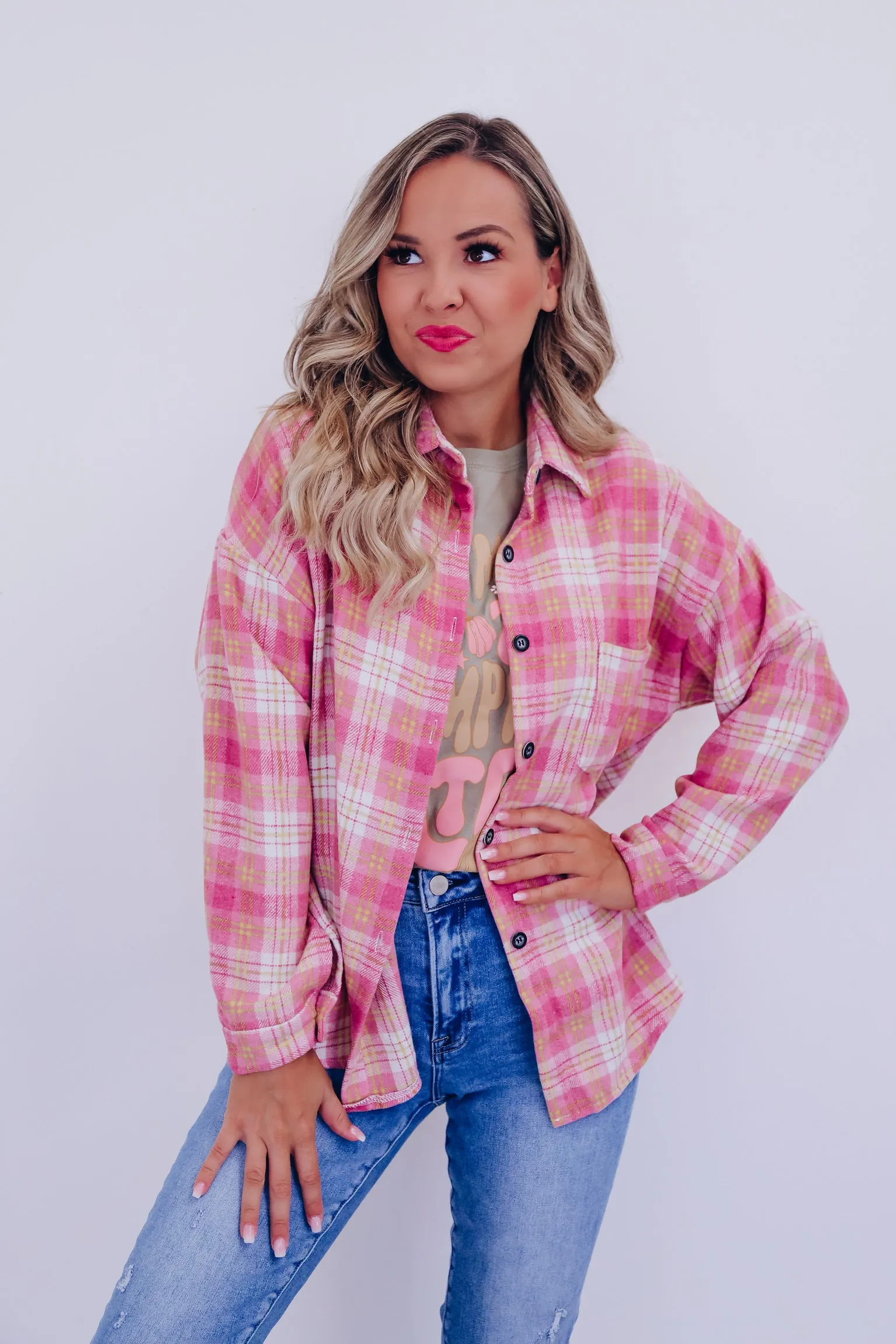 Autumn Flannel Button Up Shacket-Pink