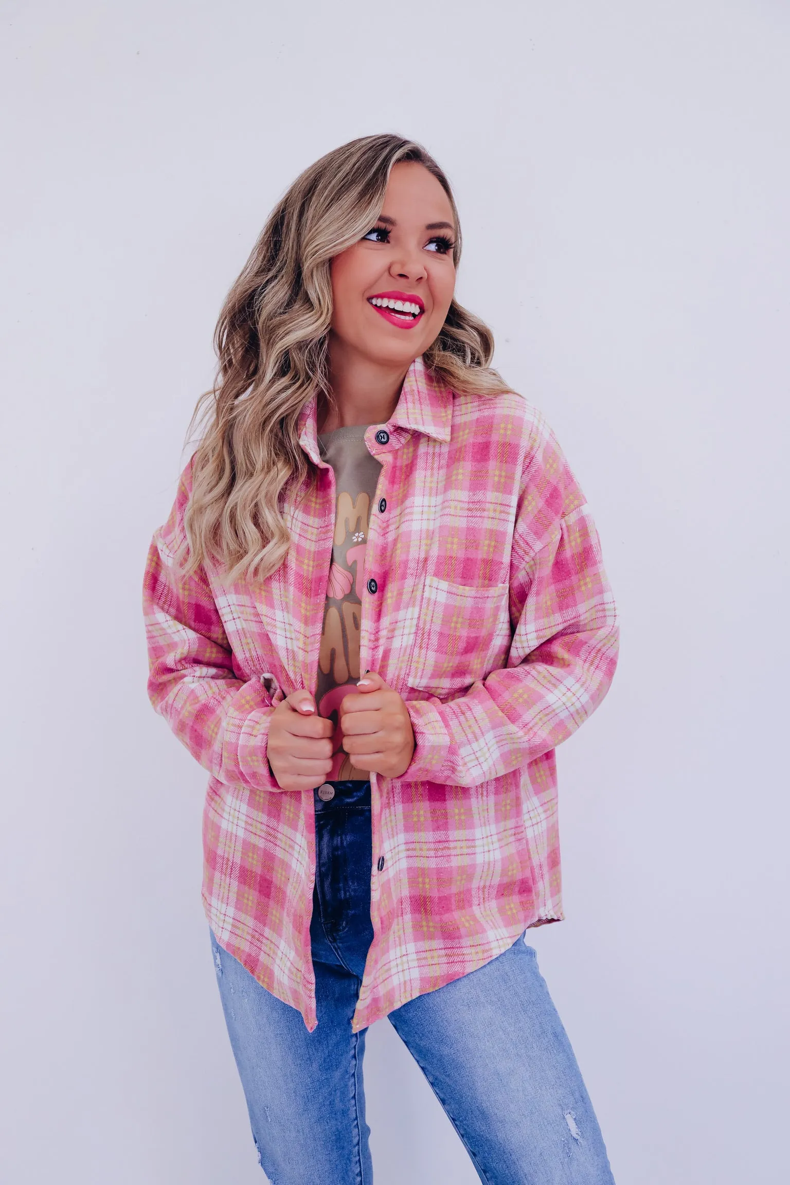 Autumn Flannel Button Up Shacket-Pink