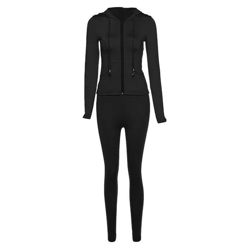 Autumn Two Piece Set Women Long Sleeve Hooded Zipper Pocket Sporty