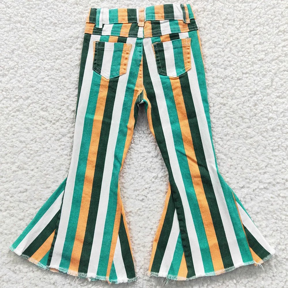 Baby Girls Jeans Pants Green Mustard Stripes Denim Bell Pants P0131