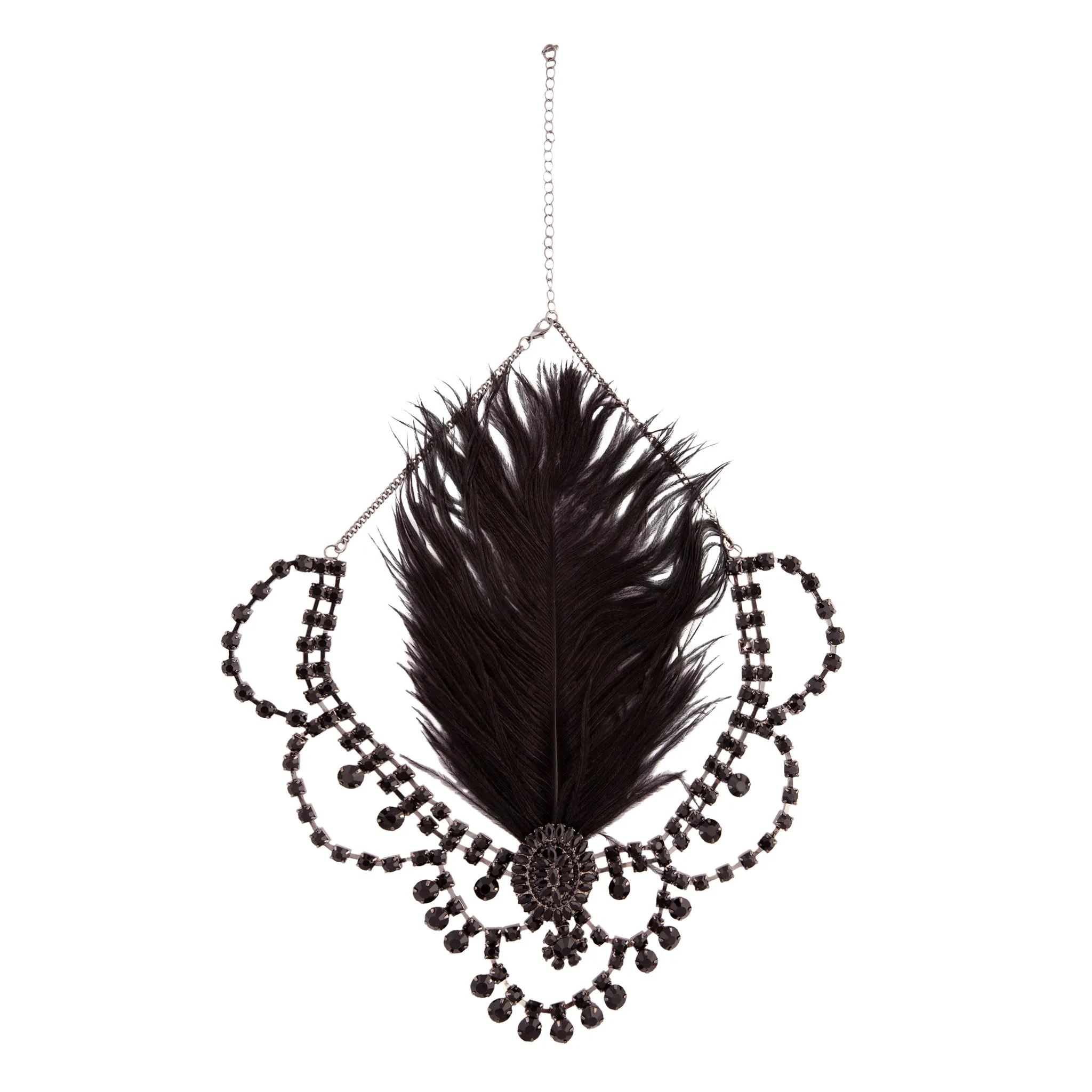 Black 1920's Gatsby Statement Feather & Jewel Headband