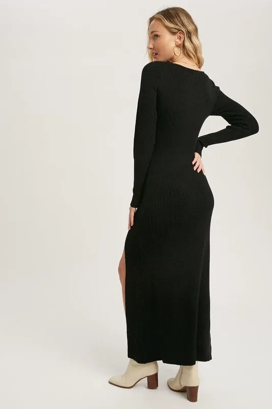 Black High Slit Maxi Knit Dress