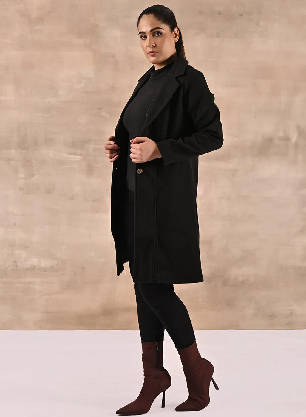 Black Long Trench Coat with Paneled Font and Button Detail