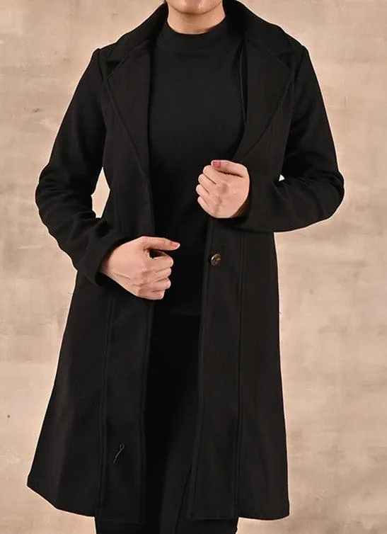 Black Long Trench Coat with Paneled Font and Button Detail