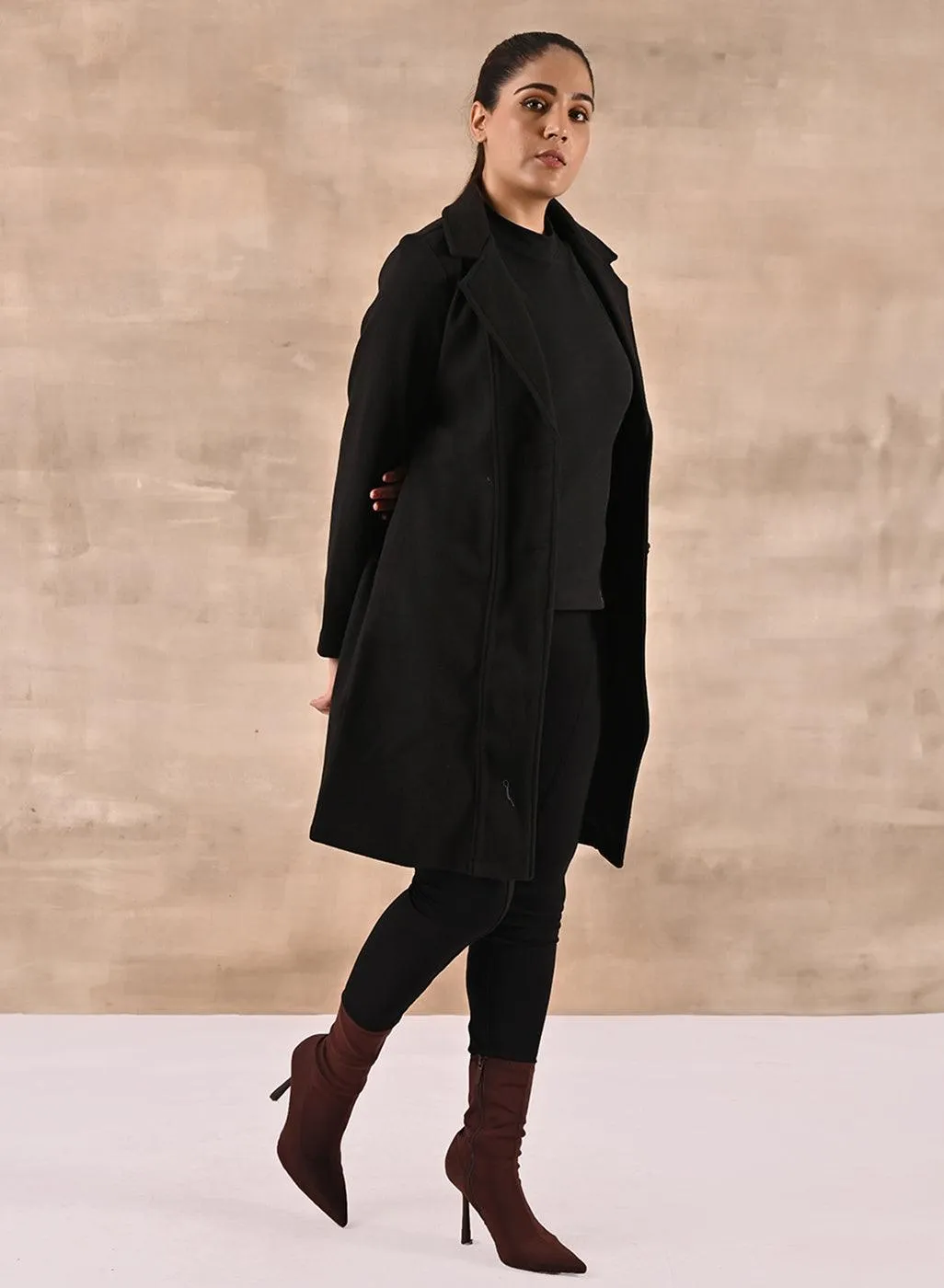 Black Long Trench Coat with Paneled Font and Button Detail