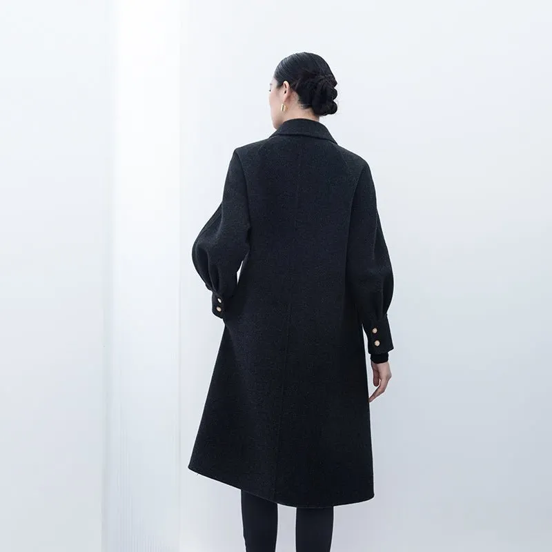 Black Long Wool Coats Metal Button