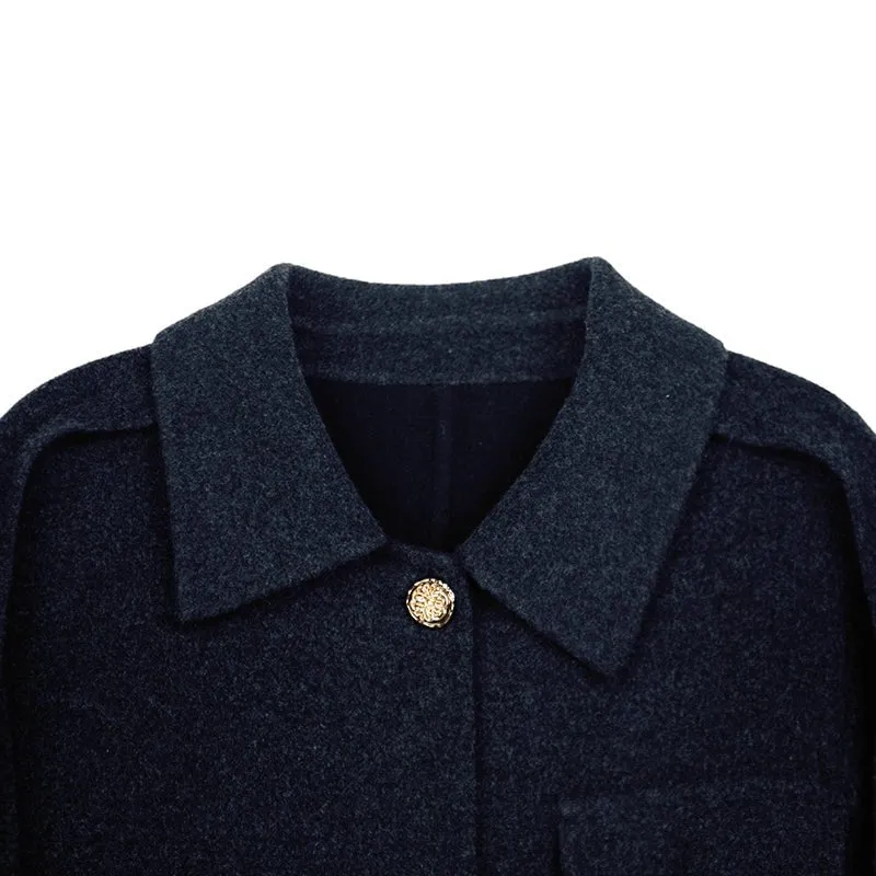 Black Long Wool Coats Metal Button