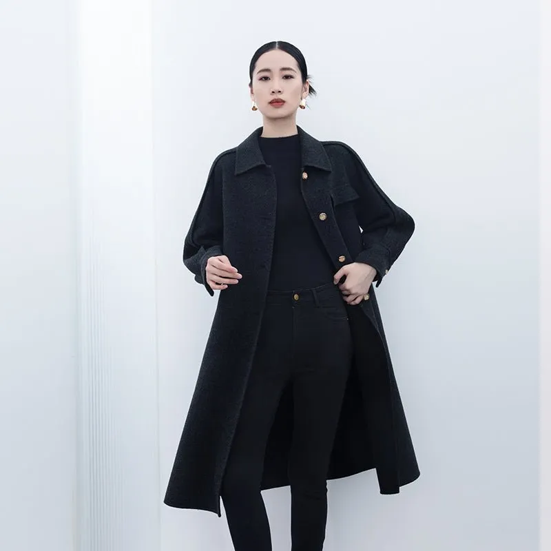 Black Long Wool Coats Metal Button