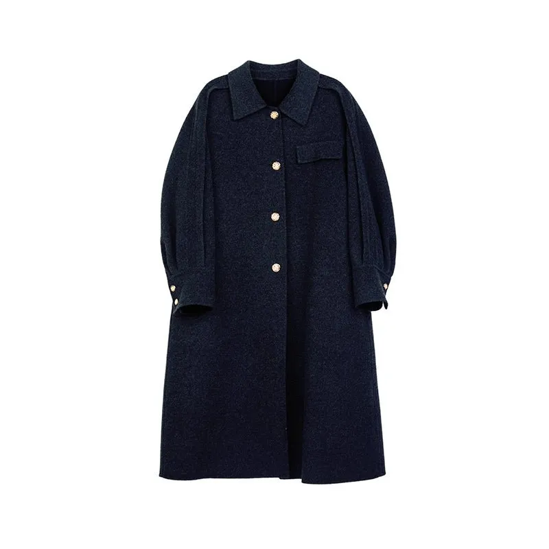 Black Long Wool Coats Metal Button