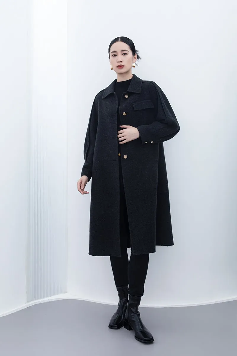 Black Long Wool Coats Metal Button