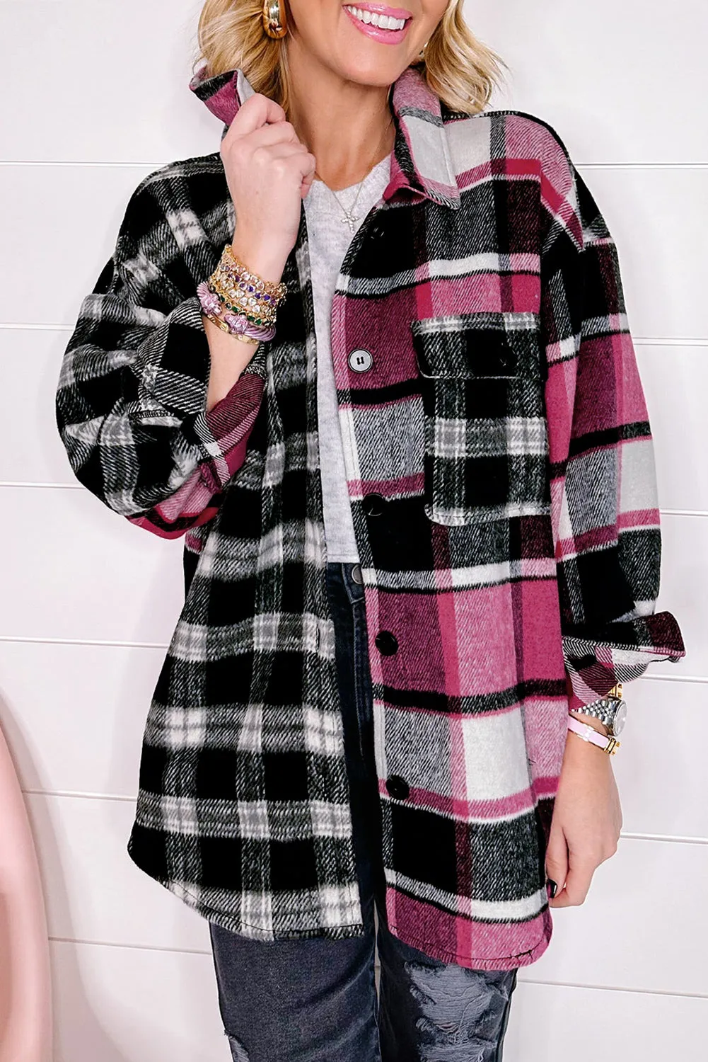 Black Plaid Colorblock Loose Flat Pocket Shacket