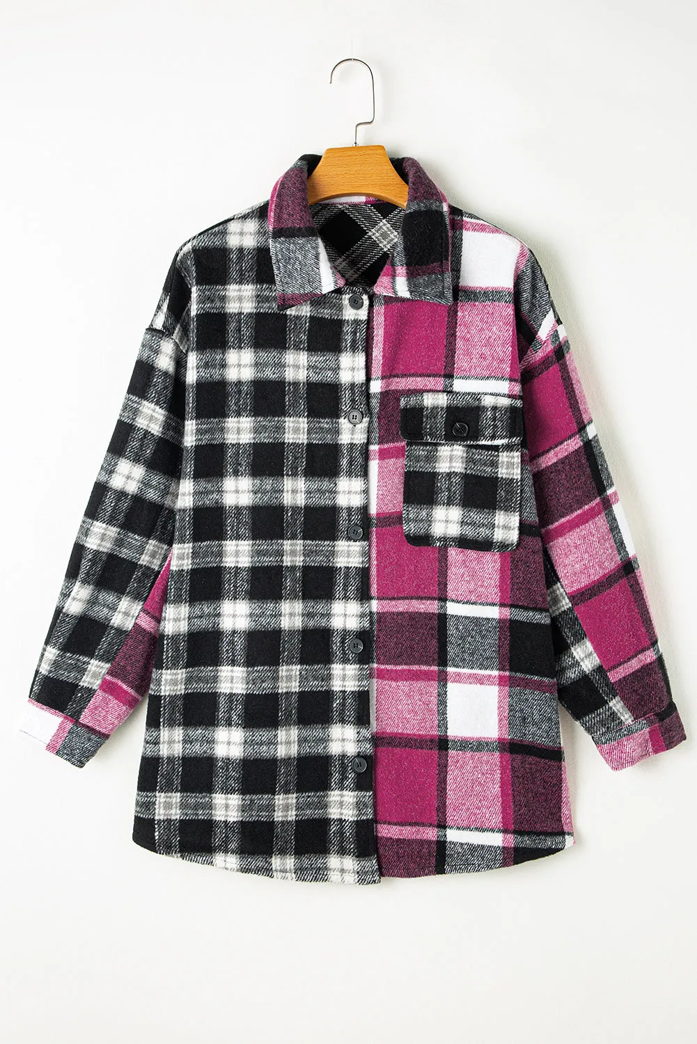 Black Plaid Colorblock Loose Flat Pocket Shacket