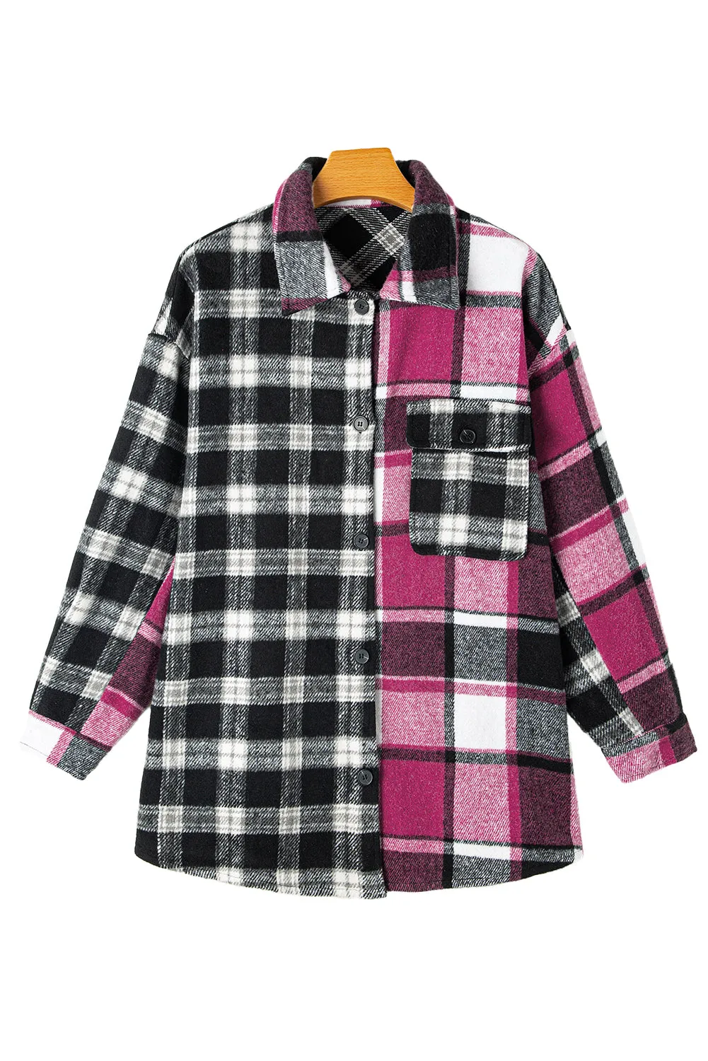 Black Plaid Colorblock Loose Flat Pocket Shacket