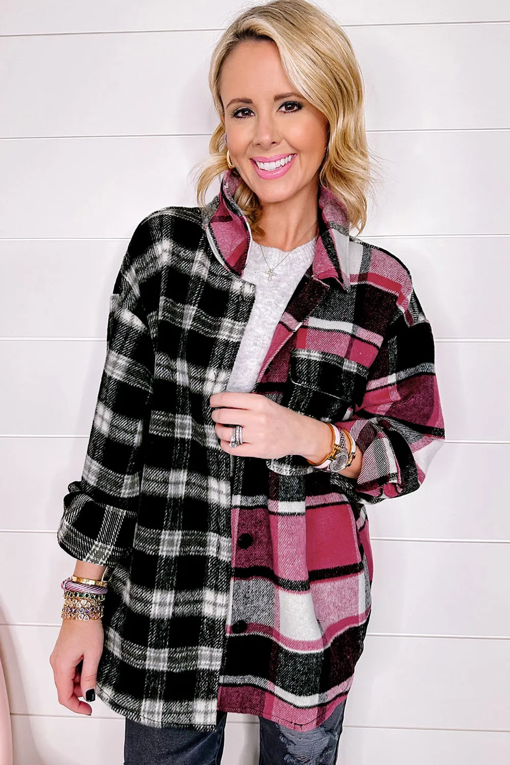 Black Plaid Colorblock Loose Flat Pocket Shacket