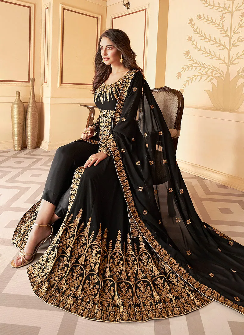 Black Slit Style Zari Embroidered Anarkali Pants Suit