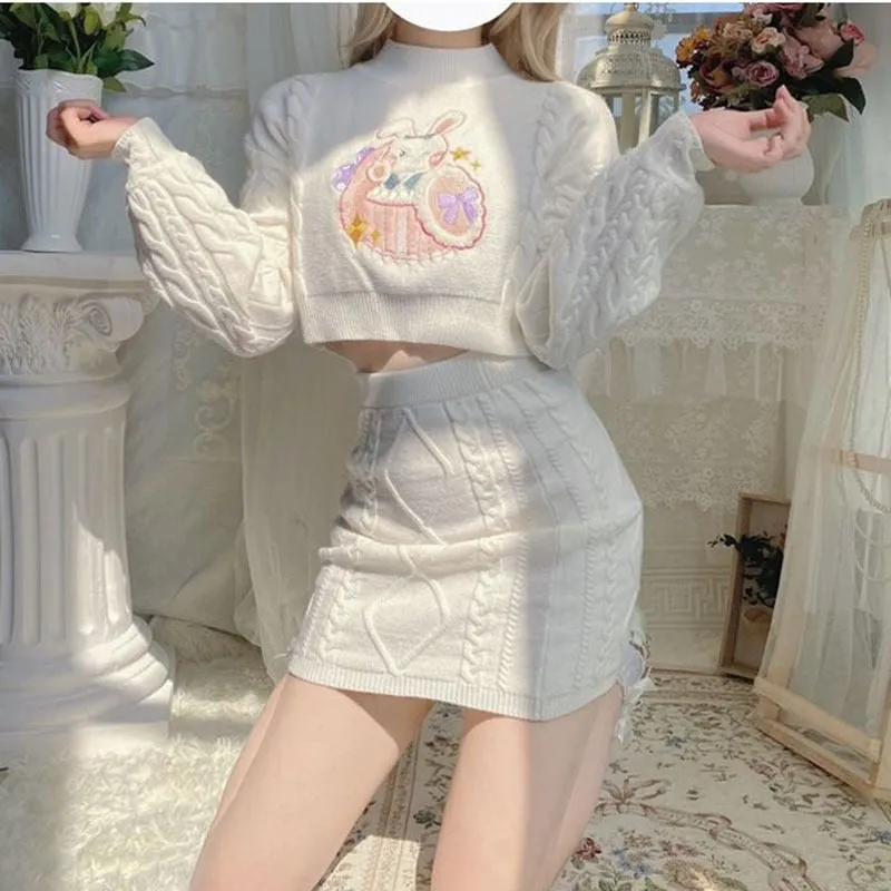 Bowknot Bunny Knit Sweater Skirt Two Piece Set