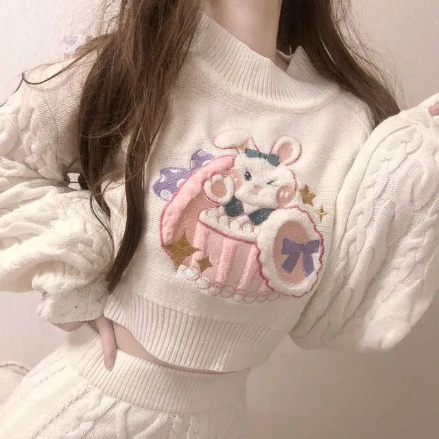 Bowknot Bunny Knit Sweater Skirt Two Piece Set