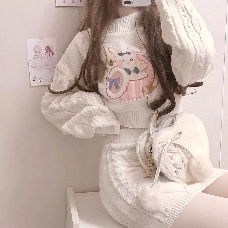 Bowknot Bunny Knit Sweater Skirt Two Piece Set