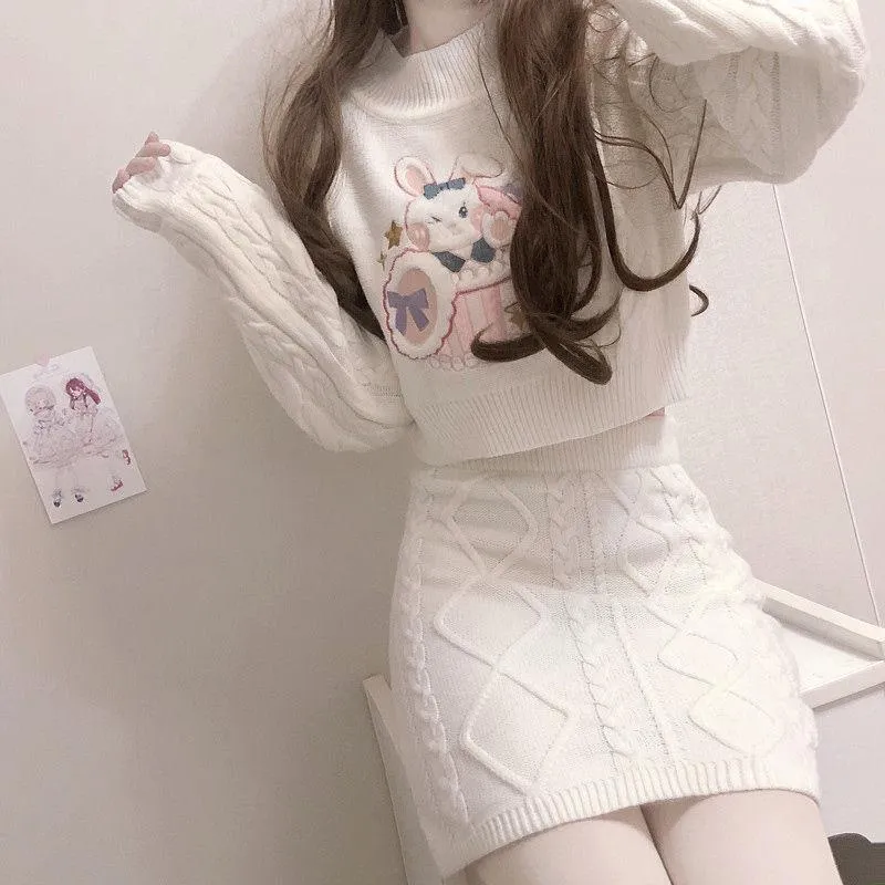 Bowknot Bunny Knit Sweater Skirt Two Piece Set