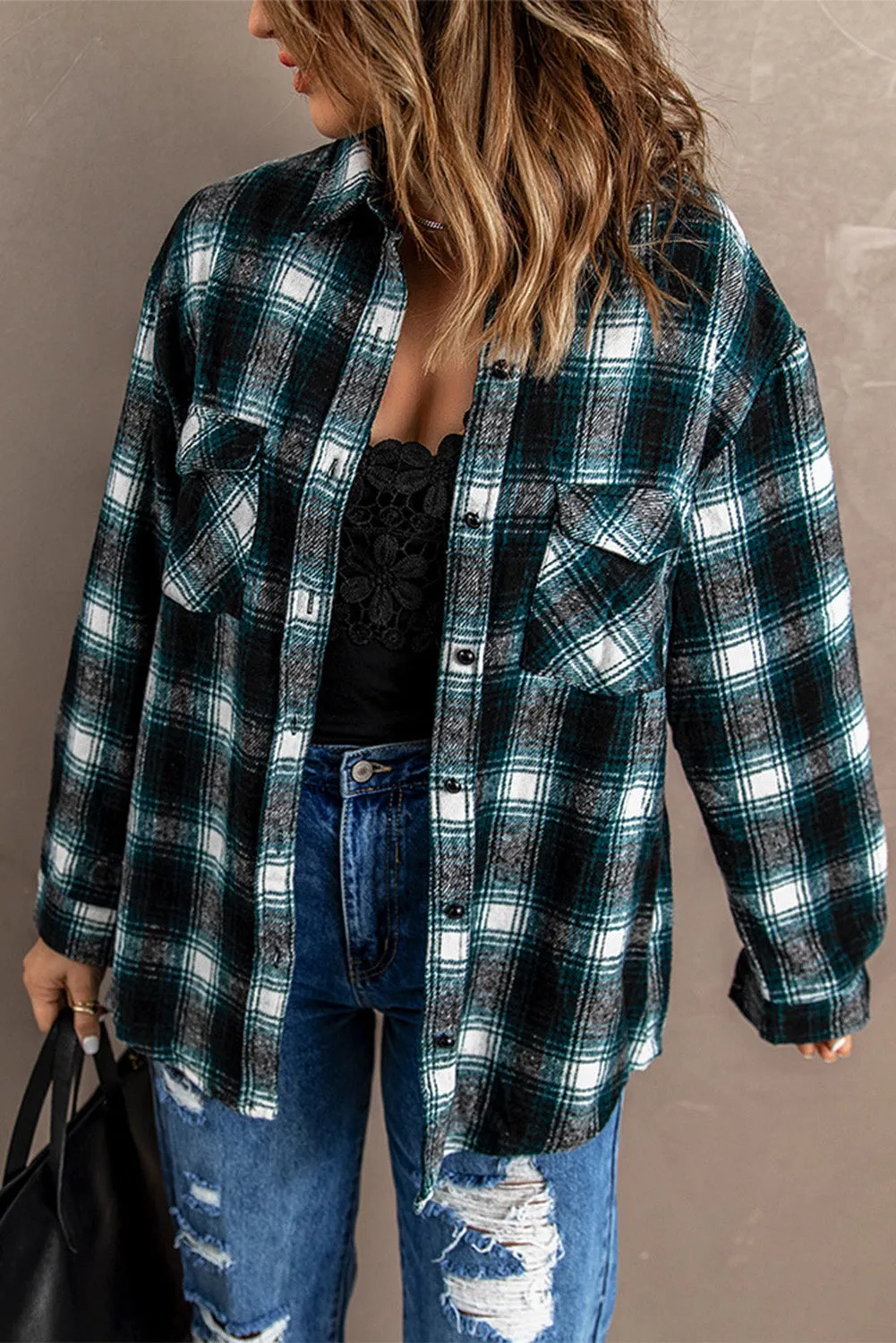 Buttons Pocketed Plaid Shacket