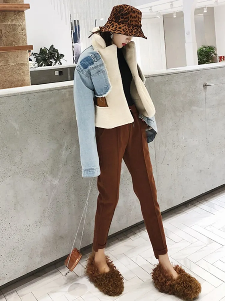 Casual Winter Coat For Women Lapel Long Sleeve Patchwork LambsWool Colorblock Thick Coats Female Clothing