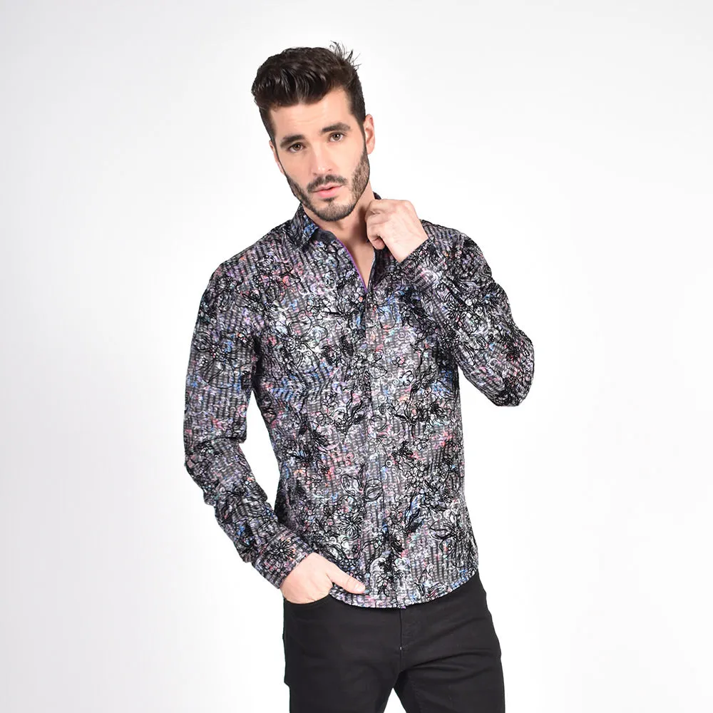 Colorful Baroque Button Down Shirt with Flocking