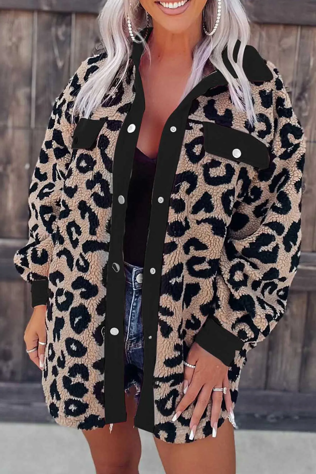 Contrast Leopard Print Plush Shacket