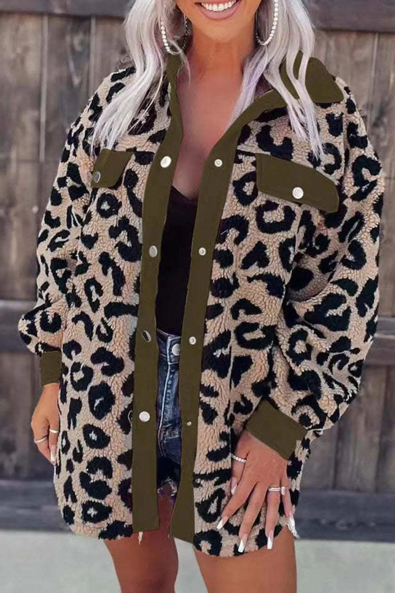 Contrast Leopard Print Plush Shacket