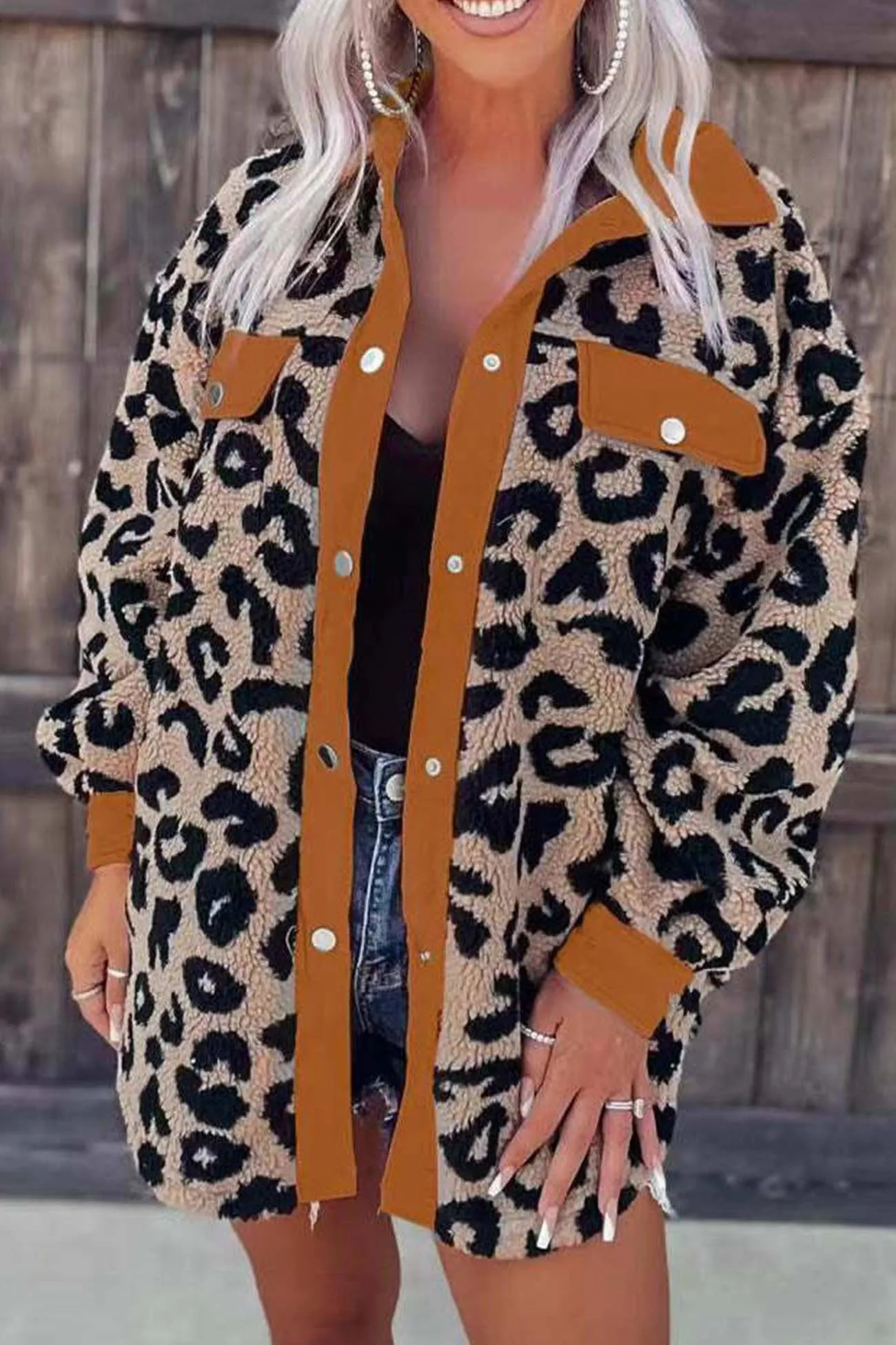 Contrast Leopard Print Plush Shacket