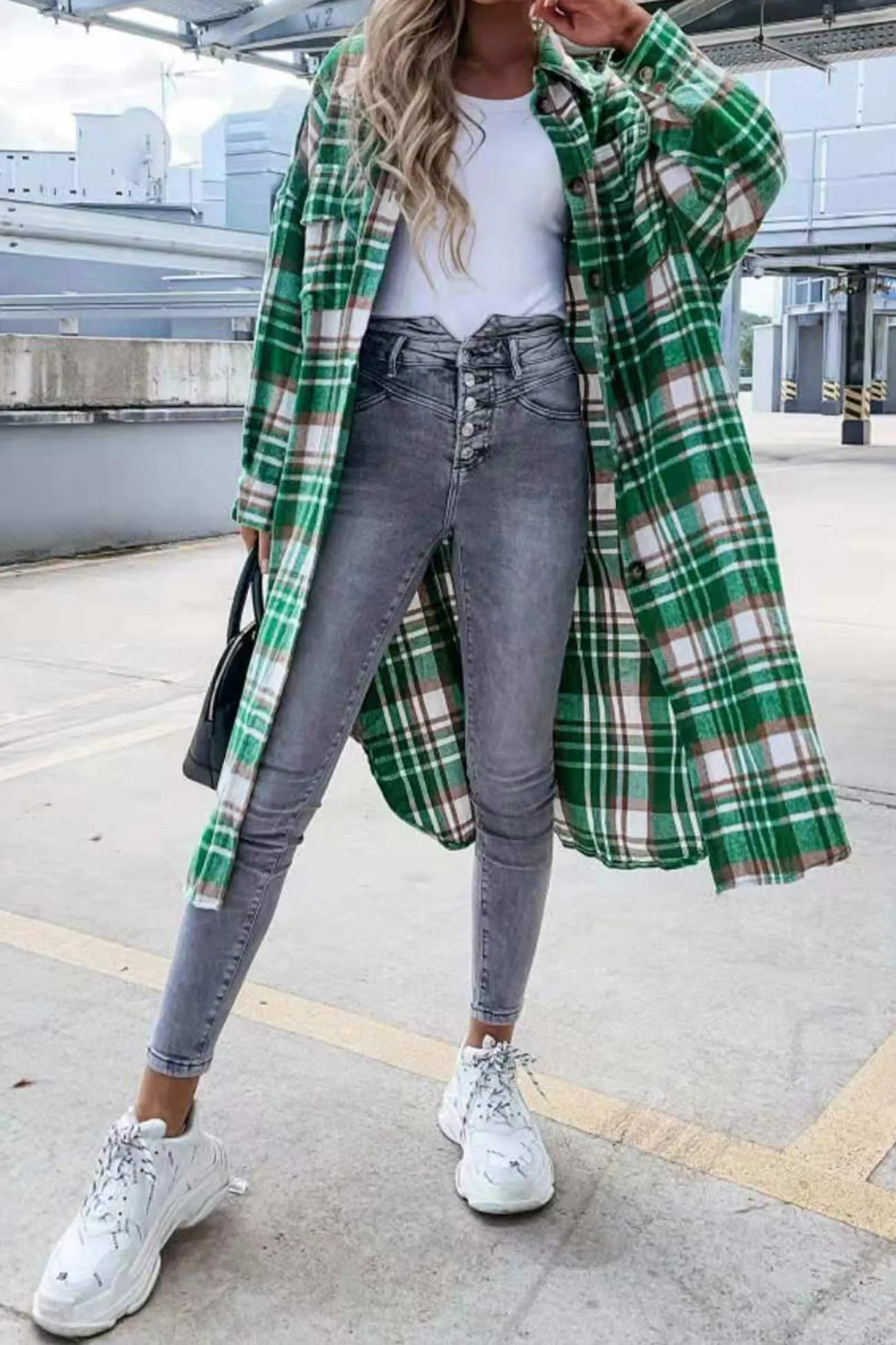 Contrast Plaid Long Shacket