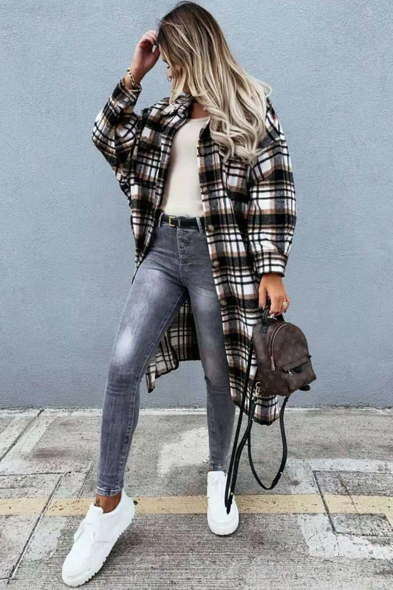 Contrast Plaid Long Shacket