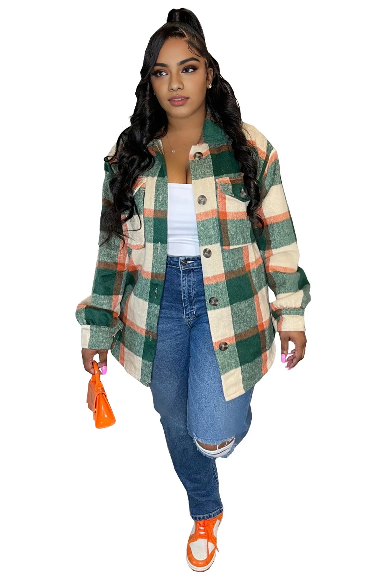 Contrast Plaid Pocketed Shacket