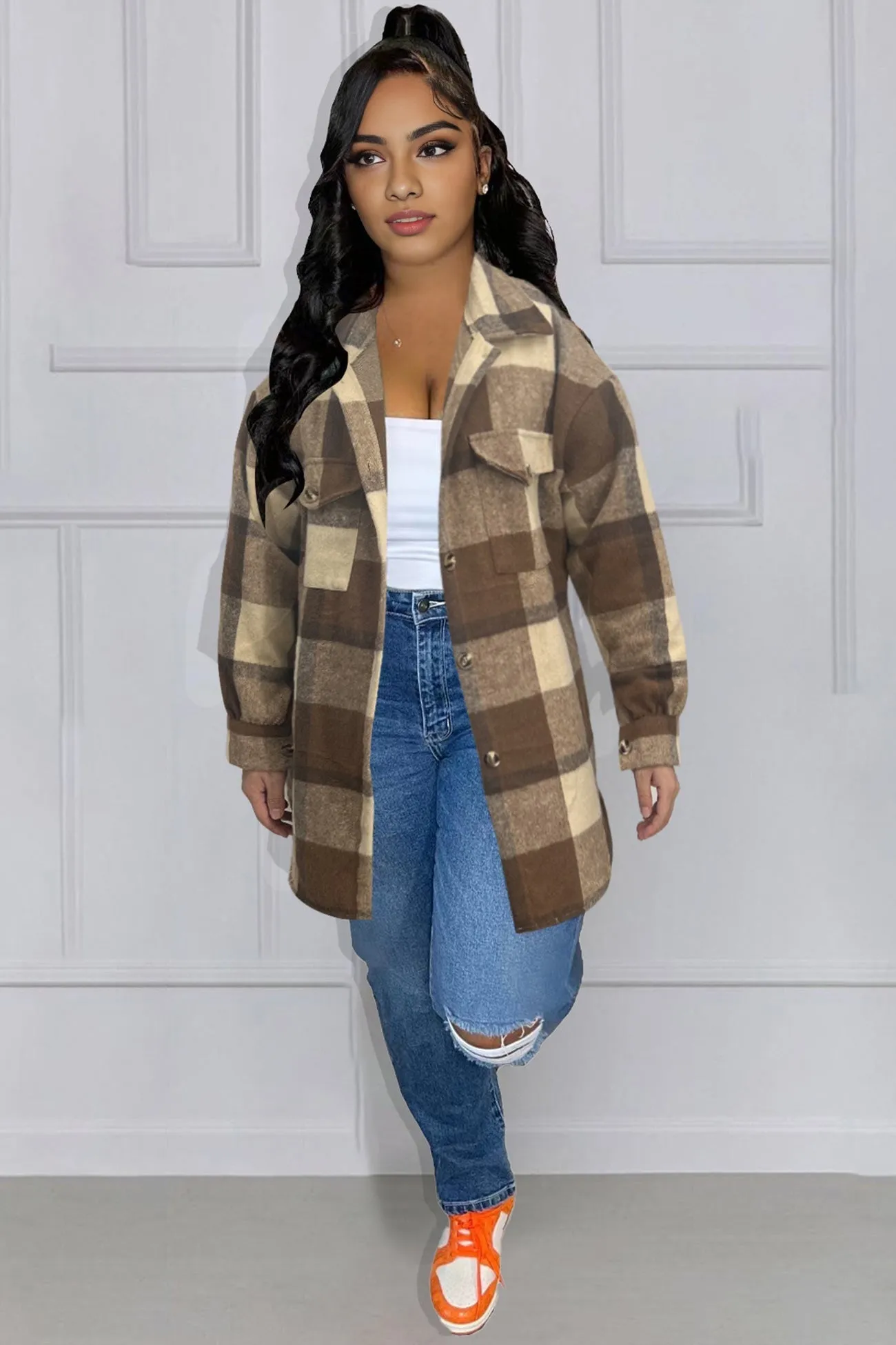 Contrast Plaid Pocketed Shacket