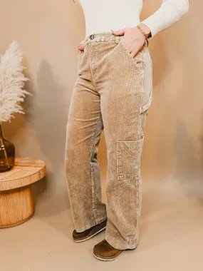 Corduroy Wide Leg Cargo Pants - Taupe